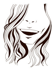 Smiling Woman’s Face Close-Up – Wavy Hair and Minimal Line Art