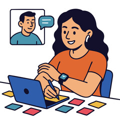 Person working on laptop, engaged in conversation, with colorful sticky notes around