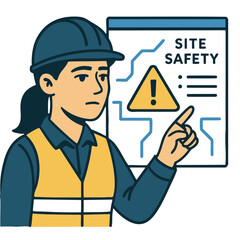 Construction worker pointing at site safety sign, emphasizing importance of safety regulations