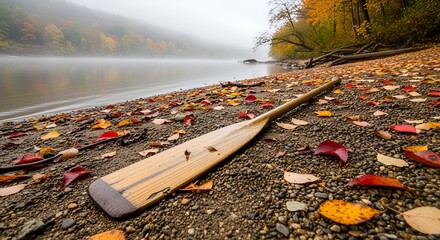 Silent Departure: A Solitary Oar Rests on a Pebble Beach, Surrounded by Autumn Leaves on a Foggy Riverbank







