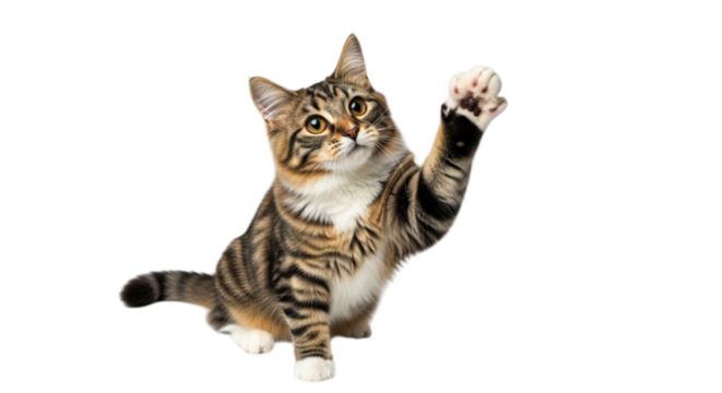 Photo of a playful tabby kitten sits with its paw raised in a greeting gesture, isolated on a transparent background