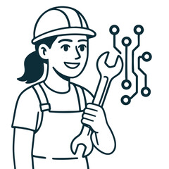 Smiling worker holds wrench, symbolizing technology and engineering