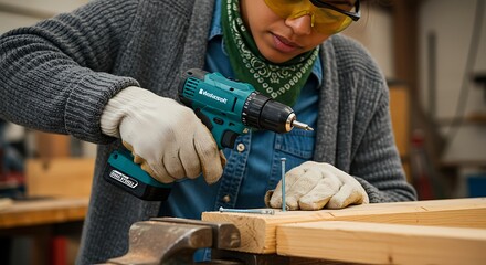 Focused craftswoman with safety glasses and gloves meticulously drilling a screw into a wooden plank.
