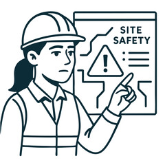 Construction worker pointing at site safety sign, emphasizing importance of safety protocols