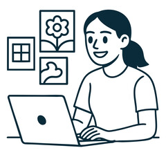 Person working on laptop, smiling, with decorative wall art in background