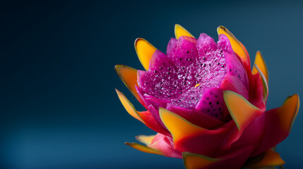 Food art concept with a vibrant tropical pitaya on a dark blue background