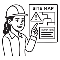 Site map illustration with woman pointing at instructions, conveying safety and guidance