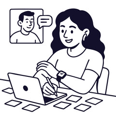 Creative individual working on laptop, engaged in conversation, with notes scattered around