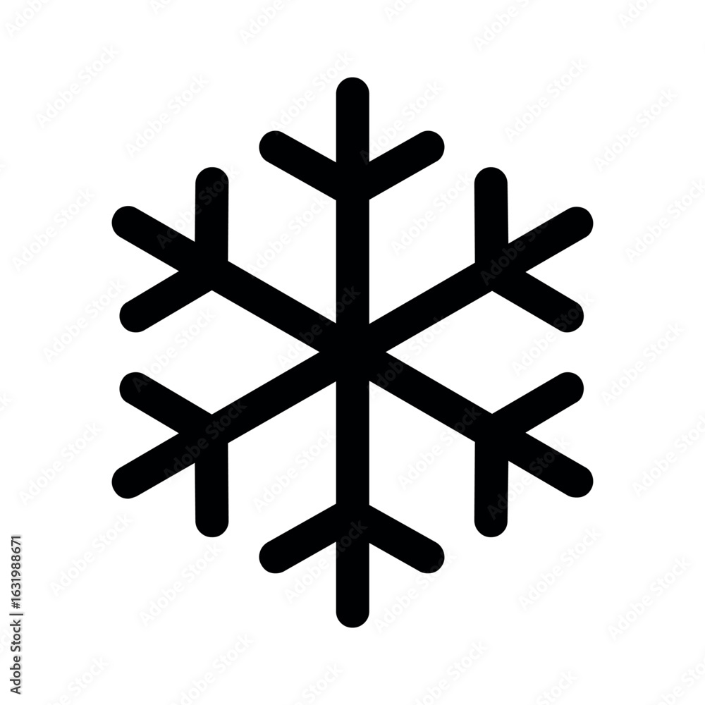 Poster isolated black snowflake with six branches and each branch has two smaller branches on a white backg