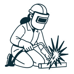 Welding worker using protective gear, creating sparks while working on metal