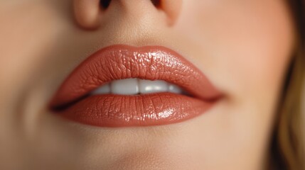Fototapeta premium Close-up of Woman s Plump Lips with Brown Lip Gloss, Showcasing Sensual Beauty and Elegant Modeling