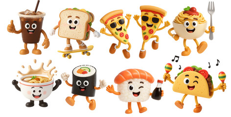 Fototapeta premium Adorable 3D Cartoon Food Characters with Fun Expressions and Actions