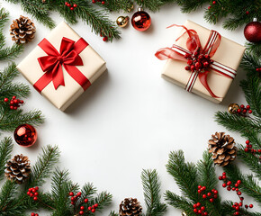 Christmas gift boxes with red ribbons framed by fir branches, pinecones, and festive ornaments on a white background.