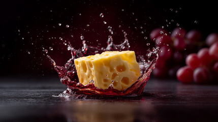 Dynamic action shot of a block of cheese splashing into red wine
