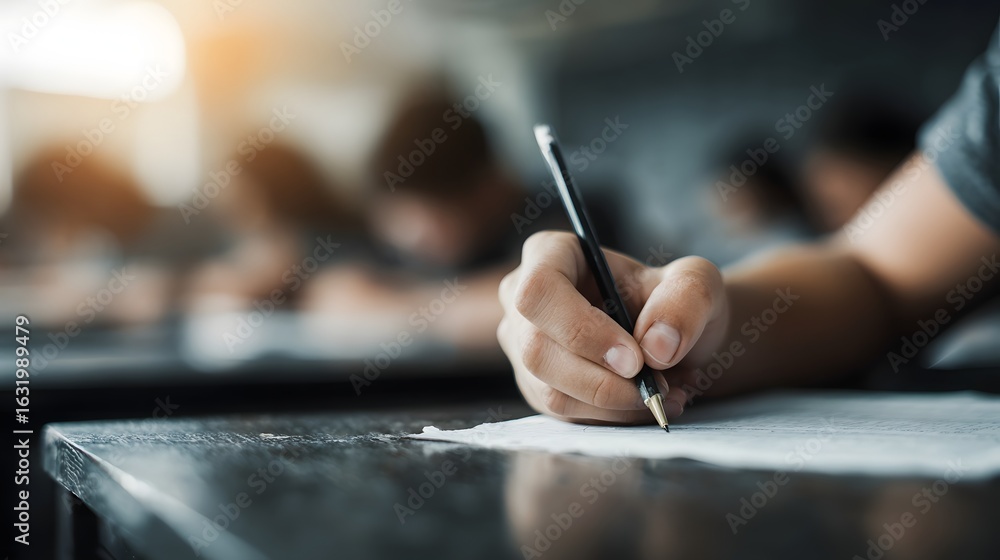 Poster student writing an exam in a classroom setting