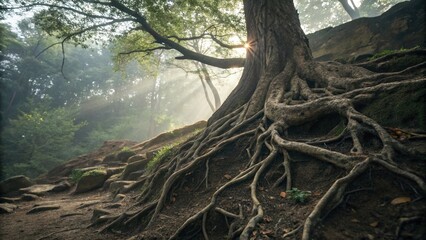 Obraz premium Majestic Tree Roots and Sunbeams in a Misty Enchanted Forest