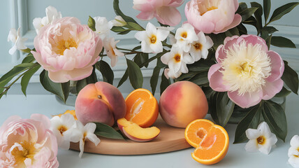 An elegant composition of fruits (peach and orange) blended with blooming flowers (peony and jasmine