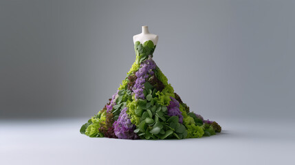 Sustainable eco fashion concept, a beautiful dress made from organic lettuce and plants