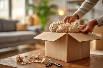 Hands placing protective crumpled paper into a cardboard box for shipping.