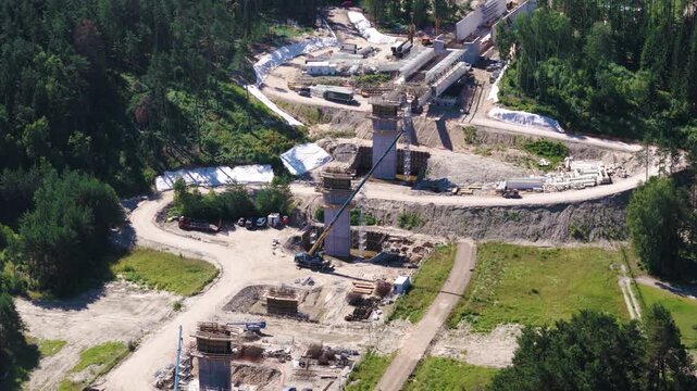Construction site of Rail Baltica bridge over Neris River, aerial view