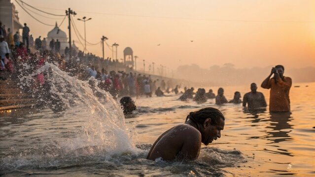Indian Pilgrims Taking Holy Dip with Splashing Water in Sacred River at Sunrise