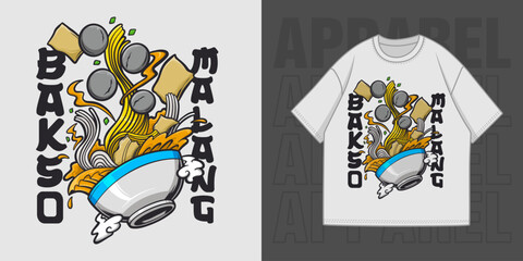 HAND DRAWING TRADITIONAL FOOD INDONESIAN BAKSO MALANG ILLUSTRATION T-SHIRT APPAREL PRINTING DESIGN