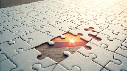 Incomplete Jigsaw Puzzle Revealing a Radiant Sunset Horizon