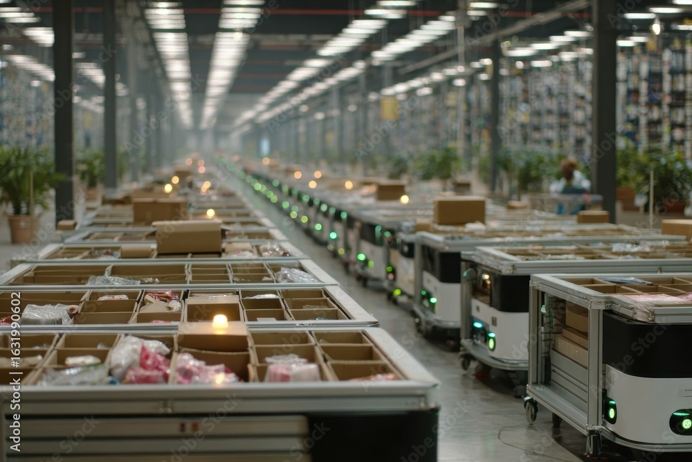 Poster advanced robotic carts handling inventory in a vast, modern automated warehouse.