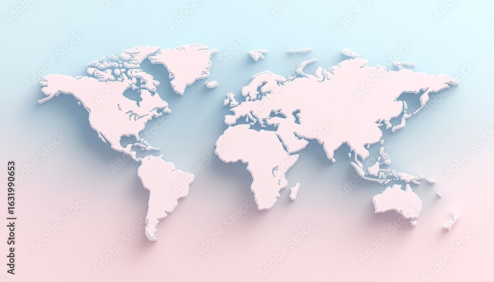 Poster modern 3d world map illustration in soft colors with minimalist design and geographical features