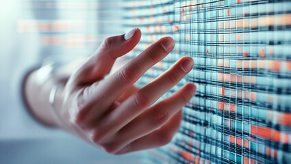 Closeup of hand touching glowing digital data display with complex grid and colorful information