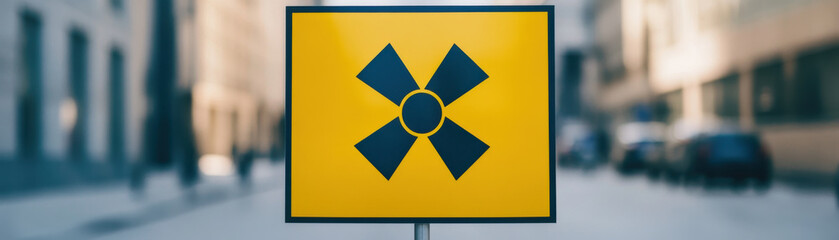 Fototapeta premium Bold yellow warning sign with radiation symbol stands on blurred urban street, conveying caution and alertness