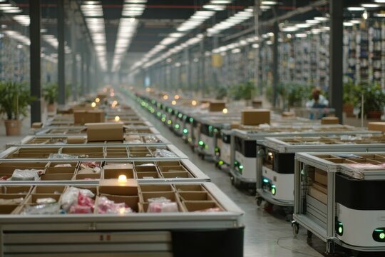 Advanced robotic carts handling inventory in a vast, modern automated warehouse.