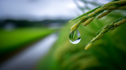 Macro of a water droplet with a reflection on a green rice plant stalk