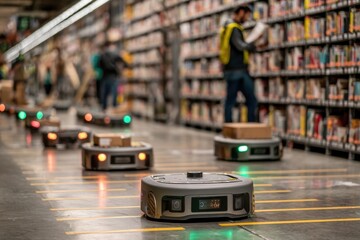Cutting-edge robotic technology optimizing logistics in a large warehouse facility.