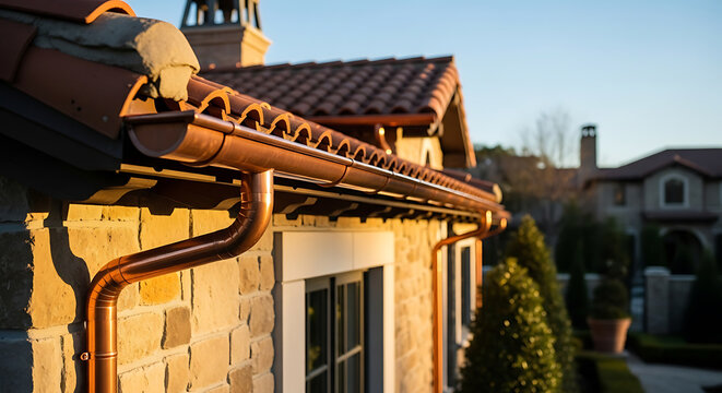 Detailed copper rain gutter system on a luxury brick home exterior basking in late afternoon
