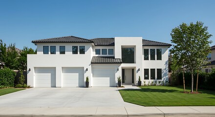 Sleek Modern White Stucco Residence with a Three-Car Garage Under a Sunny Sky
