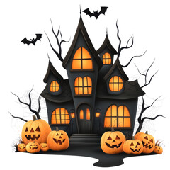 Fototapeta premium Spooky haunted house with glowing pumpkins and bats, perfect for Halloween celebrations and scary holiday themes.