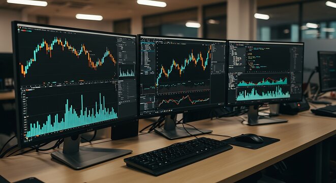 Triple Monitor Trading Desk with Glowing Teal and Orange Financial Market Charts - Powered by Adobe