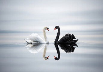 The Swan's Reflection: A Graceful White Swan and its Perfect Black Swan Reflection in Calm Water