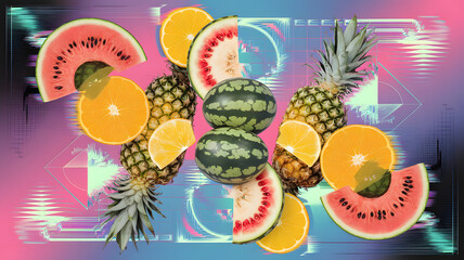 A surreal vaporwave collage of sliced fruits with glitch effects, neon gradients, and retro 80s vibe