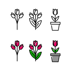 Simple Tulip Flower Icon Set – Outline and Color Version.