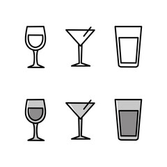 Drink Glass Icon Set – Wine, Cocktail, and Juice Outline and Filled Style.