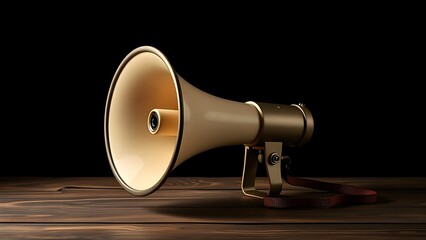 Vintage megaphone on wooden surface with dramatic lighting, evoking nostalgic and minimalist aesthetics.