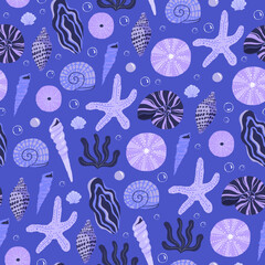 Summer Seashells Surface Pattern on a Blue Background