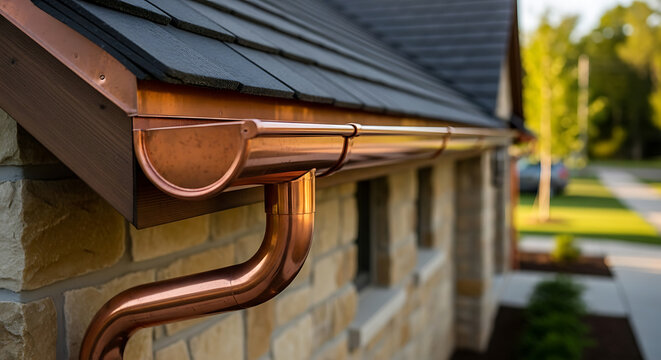 Close-up of a newly installed copper gutter system enhancing a residential property's exterior