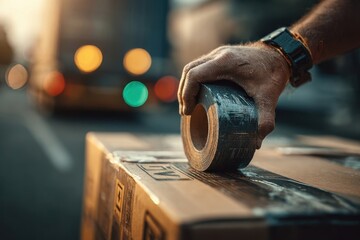 Worker's hand applying packaging tape to a cardboard box for secure delivery