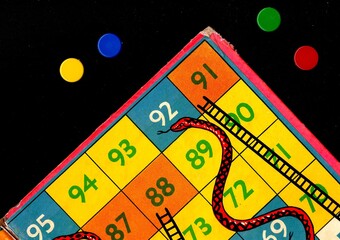 Detail from a vintage snakes and ladders game board.