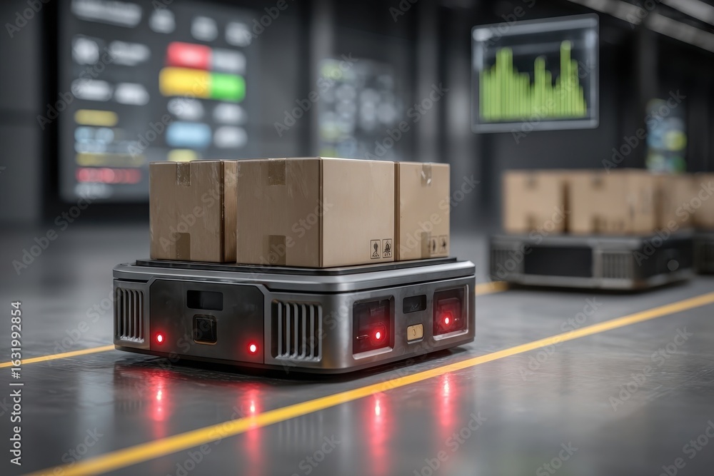 Poster autonomous robot transporting packages in a modern automated warehouse.