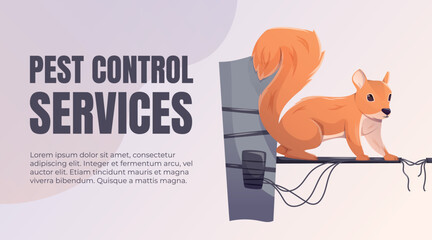 Vector banner with cartoon squirrel chewing power lines on utility pole. Electrical hazard pest control concept for urban safety, advertising flyer, or service promotion.