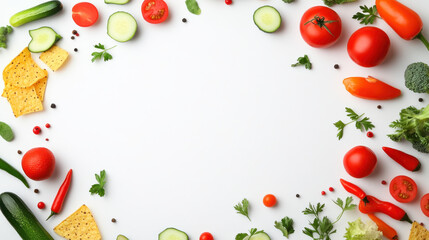 Fresh vegetables and crispy tortilla chips arranged colorful frame with vibrant tomatoes, cucumbers, peppers, and herbs white